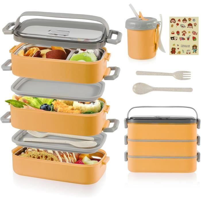 Boîte à Lunch 2400ML, 3étage Lunch Box avec 4 Compartiments et Tasses