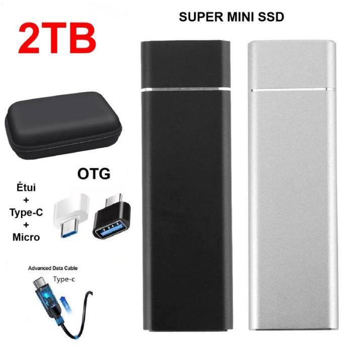Disque Dur Externe SSD Portable 2TB 2To Noir avec OTG + Étui Housse Sac de Protection HDD pour PC Ordinateur Téléphone Mobile