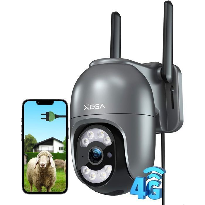 Xega Caméra Surveillance 4G LTE avec Carte SIM 2K - 24/7 Enregistrement Détection Humaine/Mouvement Suivi Auto Spotlight Sirène