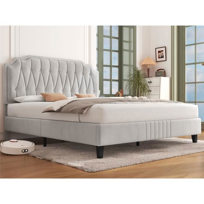Yaheetech Lit double cadre de lit tapissé Tête réglable en hauteur Beige-140 x 200 cm Yaheetech Lit double cadre de lit tapissé Tête réglable en hauteur Beige-140 x 200 cm