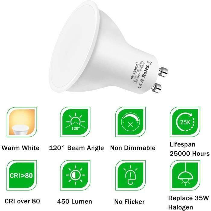 Ampoule GU10 LED Blanc Chaud 2700K, 7W équivalent Ampoule Halogène 70W,  720LM, , Ampoules LED Spot, Non Réglable, Lot de 10 - Cdiscount Maison