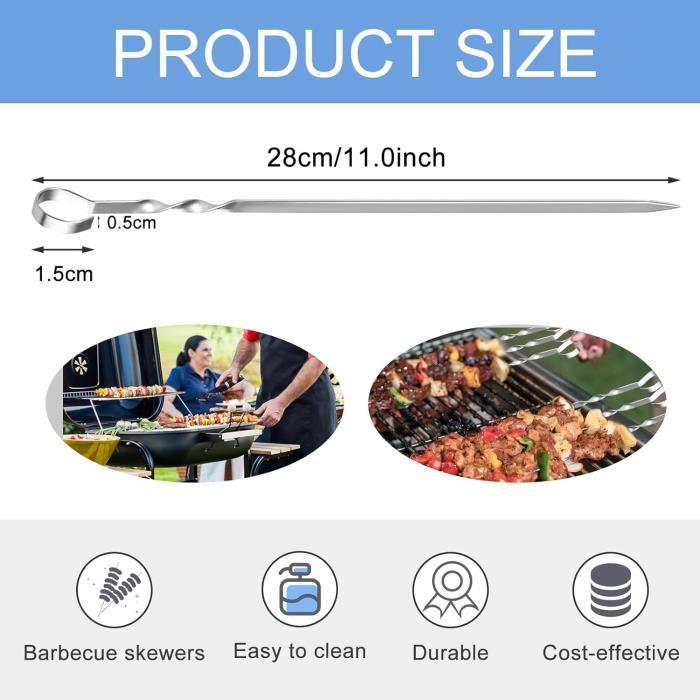 Brochettes Barbecue Inox 30cm - Lot De 20 - Acier Inoxydable 304 Réutilisable - Pour Viandes Et Légumes