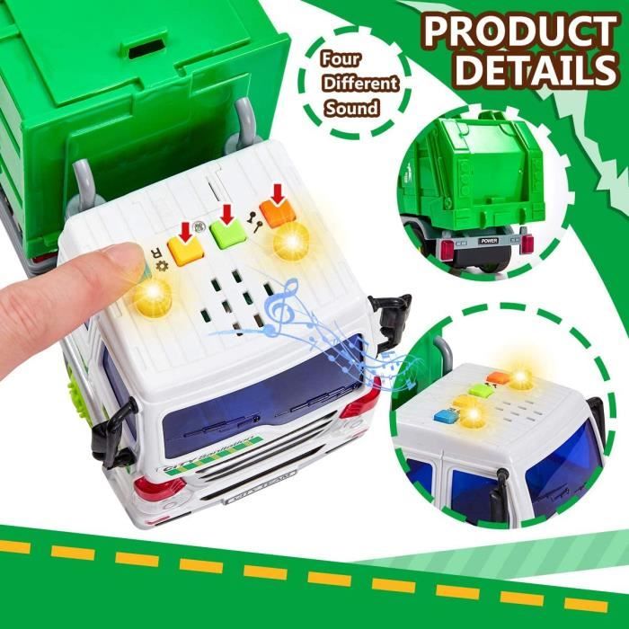 HERSITY Camion Poubelle Jouet 1/16 – Son, Lumière, Benne Inclinable 45°, Friction, éducatif, 27 Cm, Dès 3 Ans