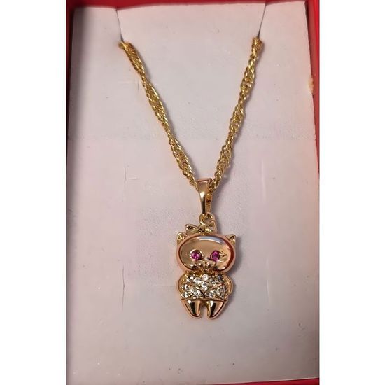 Collier Enfant – Chaîne Et Pendentif Chat En Cristal – Plaqué Or Jaune 750 – Taille 45 Cm – Neuf Avec étiquettes