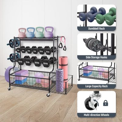 COOREL Support à 4 Niveaux Pour Haltères, Support De Poids Reglable Pour Halteres Tapis De Yoga Kettlebells Support De Rangement Pour Gymnase A Domicile Avec Roues Et Crochets Noir Corz3448
