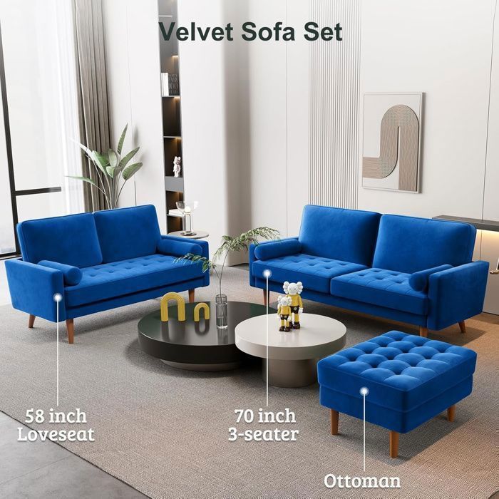 Canapé 3+2 Places Et Fauteuil En Velours Bleu Marine - Ensemble Salon Moderne Beliani