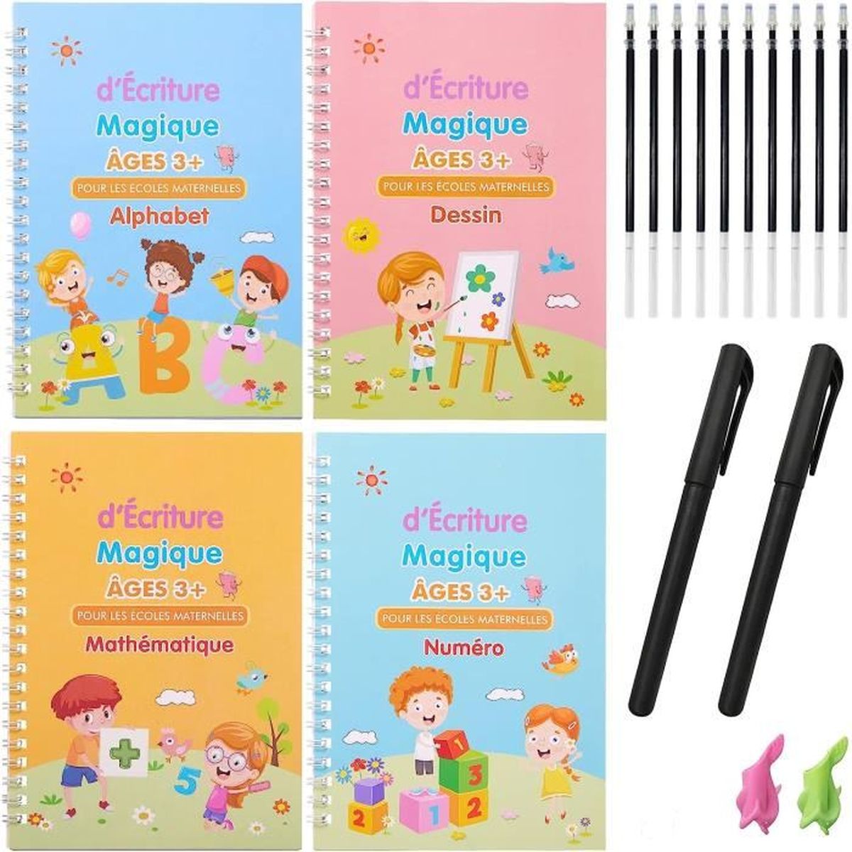 Set De 4 Cahiers D'Écriture Réutilisables Pour Enfants - Apprentissage Lettres, Chiffres Et Dessin Avec Stylo Magique