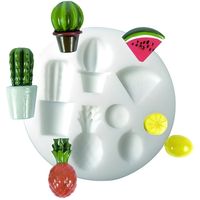 Moule en silicone pour réaliser 5 miniatures décoratives sur le thème exotique : petits cactus, citron, pastèque et ananas