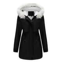 Manteau militaire épais d'hiver pour femmes manteau coton polaire chaud manteau à capuche en fausse fourrure capuche amovible Noir