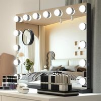 Miroir de Maquillage Hollywood 15 LED Lumière 3 Modes Réglable avec Écran Tactile & Charge USB & 10x Loupe Noir 58 x 45 cm