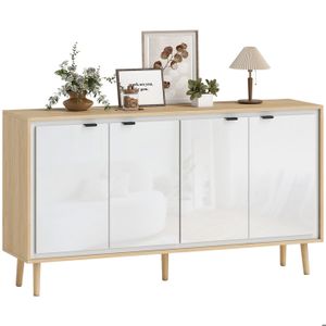 Buffet - HOMCOM - haute brillance - 4 portes, étagère réglable - panneau de particules et MDF - 141 x 35 x 77 cm - blanc et chêne