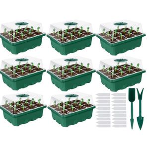 PACK GERMINATION Lot de 8 mini serres d'intérieur pour semis - Plateau de démarrage - 96 cellules - Mini propagateur pour semis - Vert