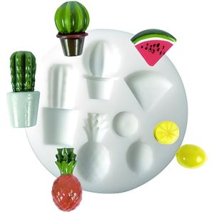 PATE POLYMÈRE Moule en silicone pour réaliser 5 miniatures décoratives sur le thème exotique : petits cactus, citron, pastèque et ananas