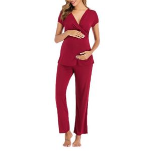 PYJAMA Pyjama d'allaitement Maternité, Pyjama Femme Enceinte Deux Pièces Vêtements De Nuit Maternité Pyjama de Nuit Grossesse,Vin rouge