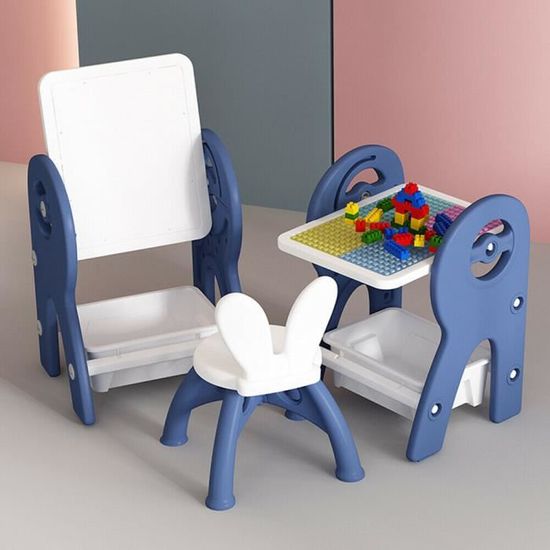 Ensemble Table et Chaise à Dessin et Table de Puzzle Bleu pour Enfant, avec Tableau Magnétique Réglable, Grand Espace de Stockage