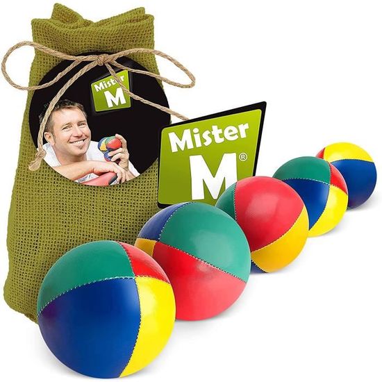 Jeu de 5 balles de jonglage Mister M - Sac de Jute Vert - Revêtement imperméable - Rembourrage écologique