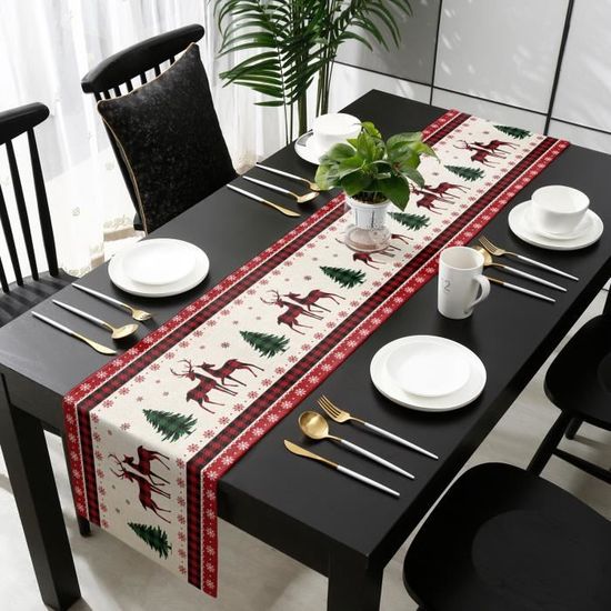 Chemin De Table Noël Lin Rouge Beige 33x183 Cm - Motifs Rênes & Noël Vintage - Décoration Table Fêtes Élégante