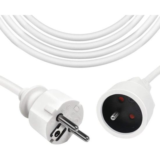 Rallonge électrique Velamp PRO10A-FR-2, 2 Mètres - Fiche Extra Plate 6A, Câble 2x0.75 Mm², Blanc - Certifiée NF - 11