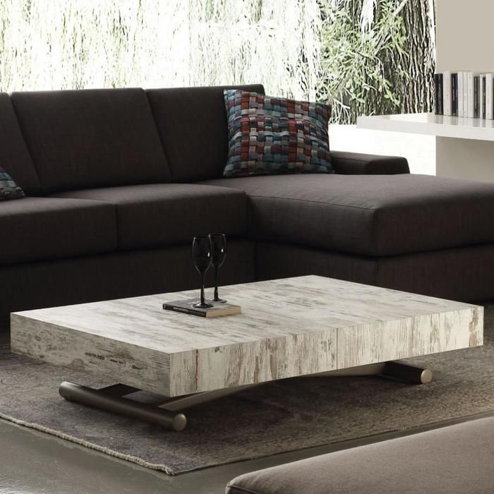 Table basse relevable extensible BLOCK design vintage piétement taupe 80 x 120 cm vintage MDF Inside75