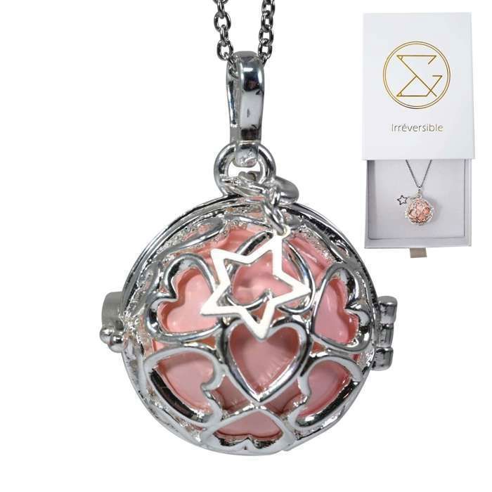 Bola de grossesse cage argent avec chaîne - ADRIANA (Etoile/bille rose) - plaquée argent véritable - coffret cadeau femme enceinte
