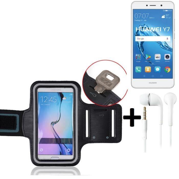 TOP SET: Brassard néoprene pour Huawei Y7 Dual SIM, noir, avec réflecteur + Écouteurs. - Jogging Case cover housse Sport -
