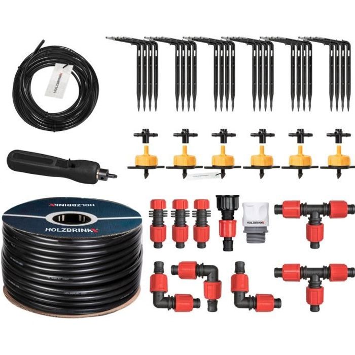 HOLZBRINK Kit d'arrosage goutte à goutte - système d'irrigation - serre - jardin - 50m Tuyau LDPE 16mm, 6x goutteur 2l/h