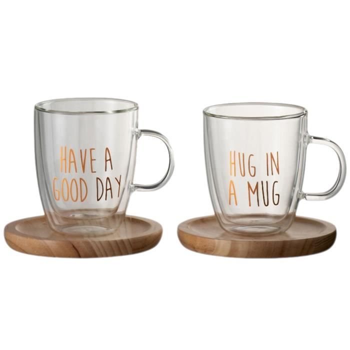 Mugs en verre avec sous tasses en bois et inscript