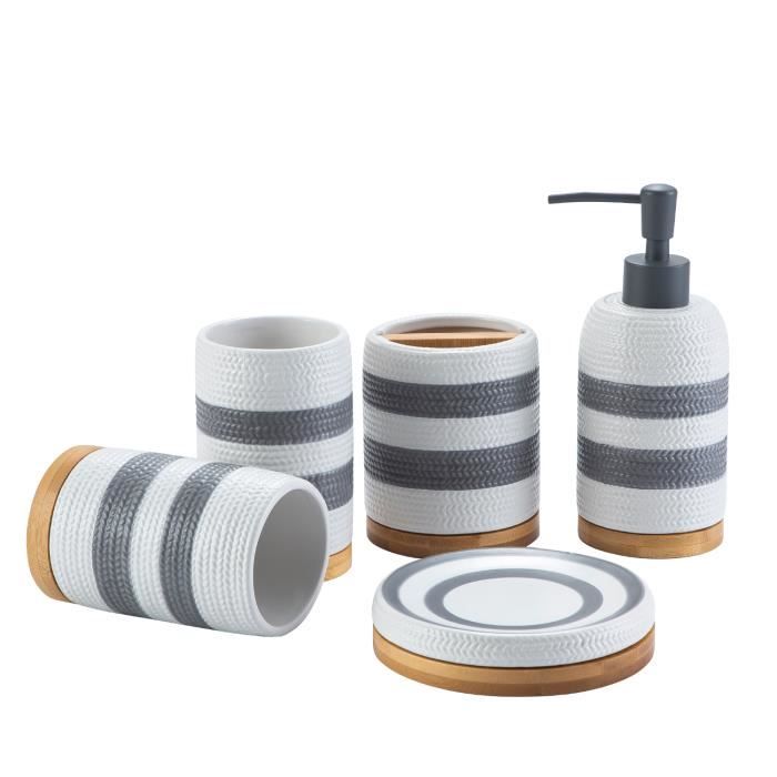 Set Salle de Bain 5 Pcs - Céramique Blanche - Bande Grise - Base en Bois