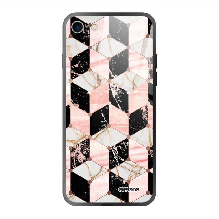 Coque iPhone 7/8/SE 2020 soft touch noir effet glossy Cubes Marbres Design Evetane