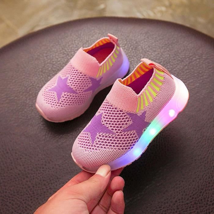 Enfants bébé filles garçons maille étoile Led lumineux Sport course baskets chaussures décontractées - Rose