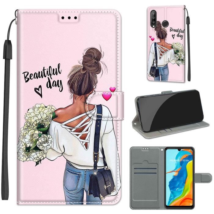 Coque pour Huawei P30 Lite Housse de Protection Cuir PU Portefeuille Etui à Rabat Magnétique Support Motif Fille
