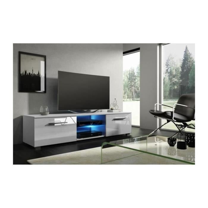 Meuble TV design LEON 140 cm à 2 tiroirs et 2 niches coloris blanc mat et blanc brillant + led: 40 Blanc