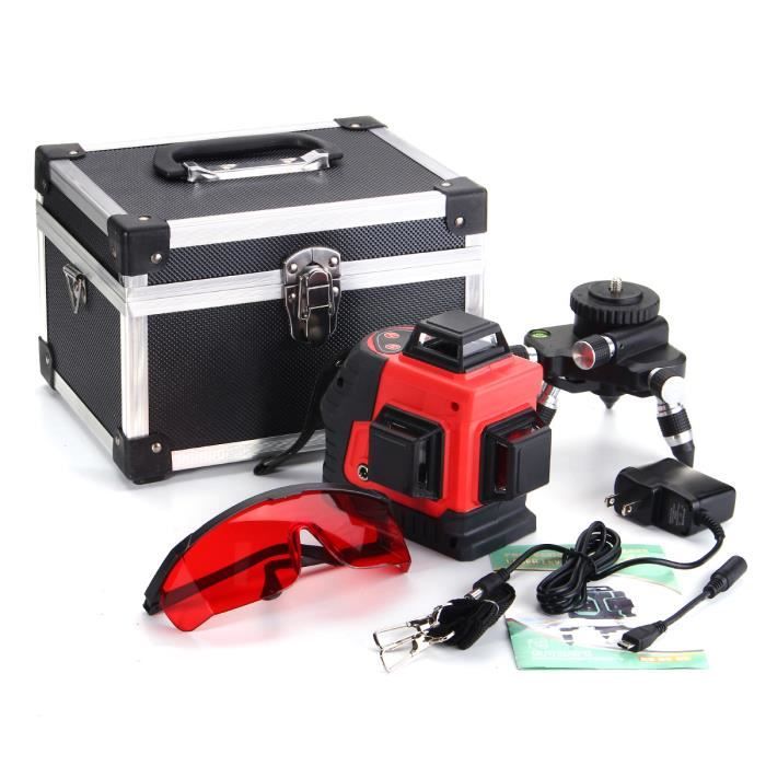 TEMPSA Kit Professionnel 12 ligne 3D laser niveau 360 ° vertical et horizontal auto étanche intérieur / extérieur ROUGE US PRISE
