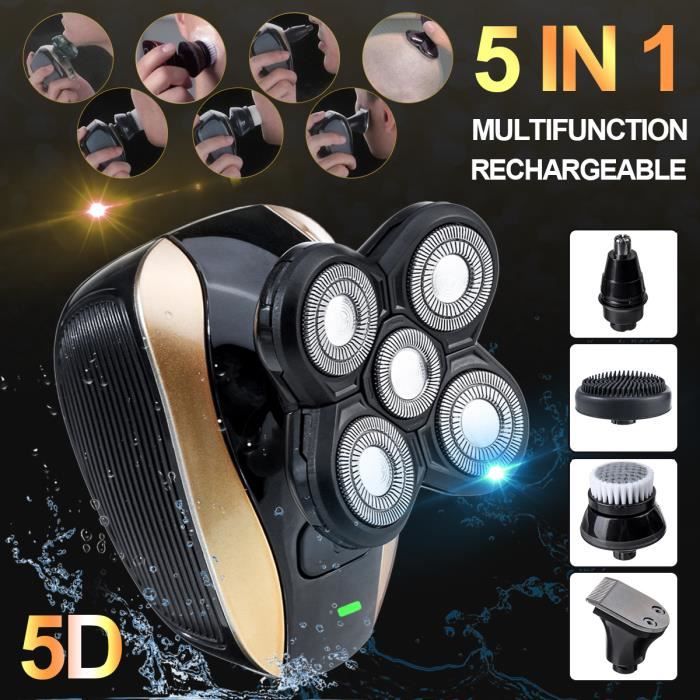 5 EN 1 5D Rasoir Électrique Rotatif Rechargeable Chauve Tête Rasoir Barbe Tondeuse Noir