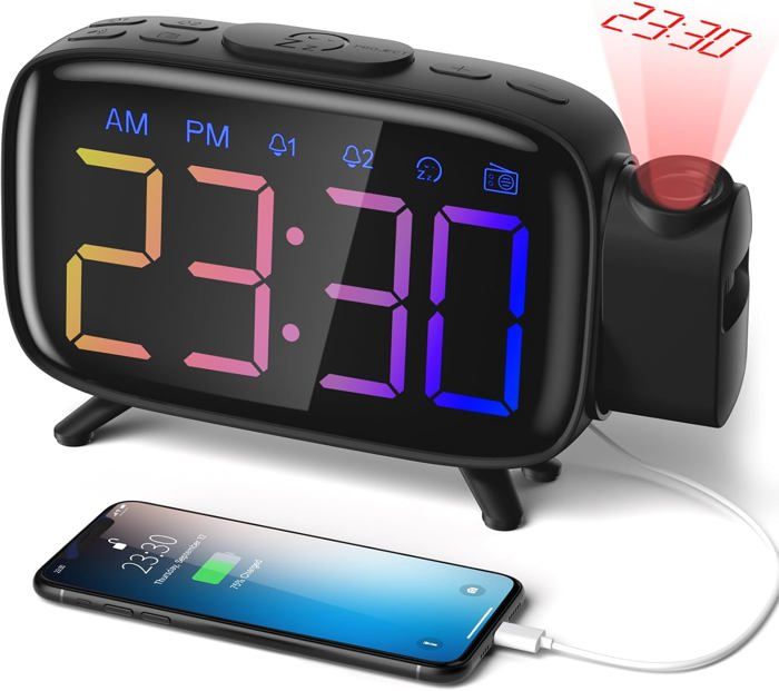 Réveil à Projection, Horloge Numérique Avec Projecteur Rotatif A 180 Variateur De Luminosite Et Commande Vocale En Continu Noir~p143738682