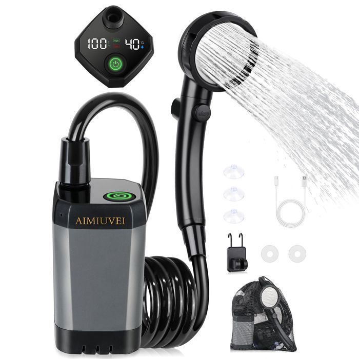 AIMIUVEI Camping Douche Portable Pompe de Douche Électrique Rechargeable avec Tuyau Afficheur Intelligent pour Extérieure