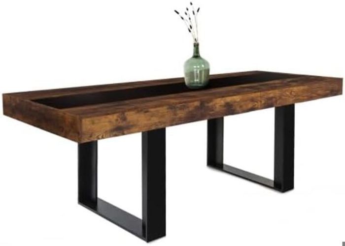 Table à Manger Extensible Bois Effet Vieilli et Noir avec Bande Centrale Noire
