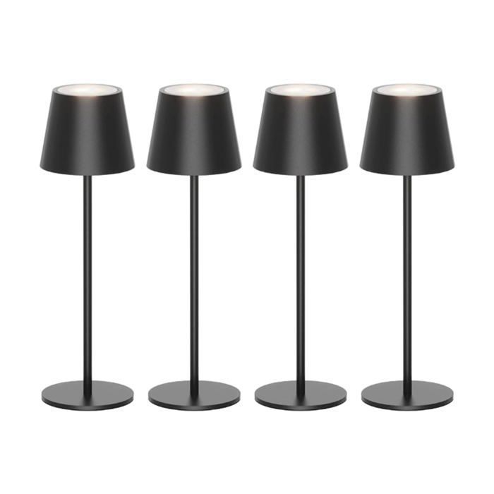CATAVANA Lot de 4 Lampes de Table LED Sans Fil Rechargeables – Lampe Tactile Variateur USB-C IP44 Intérieur Extérieur Métal Noir