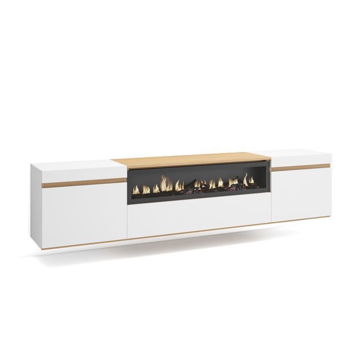 Meuble TV Banc Télé 200x45x35cm Pour les TV jusquà 80 Cheminée électrique Suspendu Mural Blanc et Chêne Soft RF3776 Meuble TV Banc Télé 200x45x35cm Pour les TV jusquà 80 Cheminée électrique Suspendu Mural Blanc et Chêne Soft RF3776