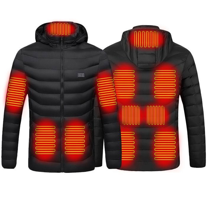 Doudoune à Capuche USB Chauffant - Unisexe - Manteau Chauffante 11 Zones - Doudoune Chauffante Intelligent - Noir Taille XS-4XL