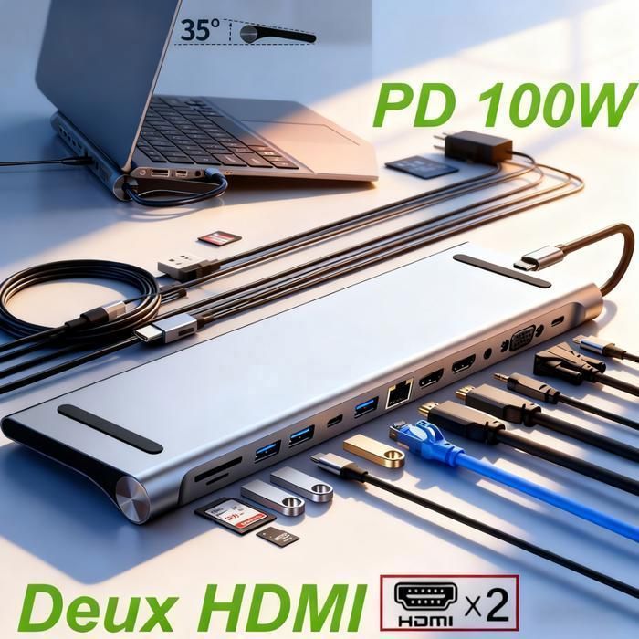 Adaptateur USB-C 11-en-1 Avec HDMI 4K, Audio 3.5mm, Ports TF - Neuf, Portable Argent