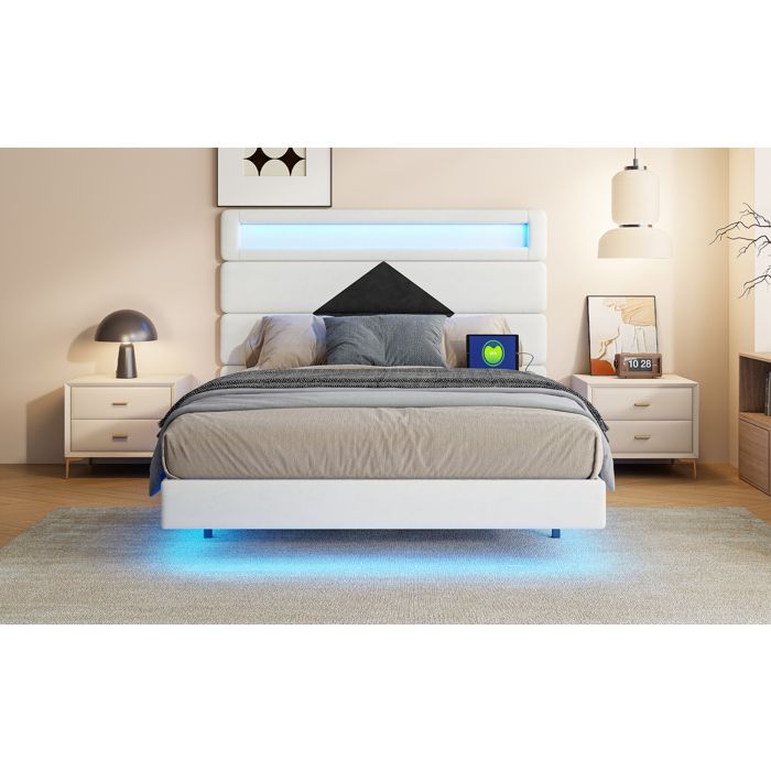Lit Double Flottant - 140 x 190 cm - avec LED RGB - Tête de Lit Modulable - Charge (USB/Type-C) - Cadre de Lit