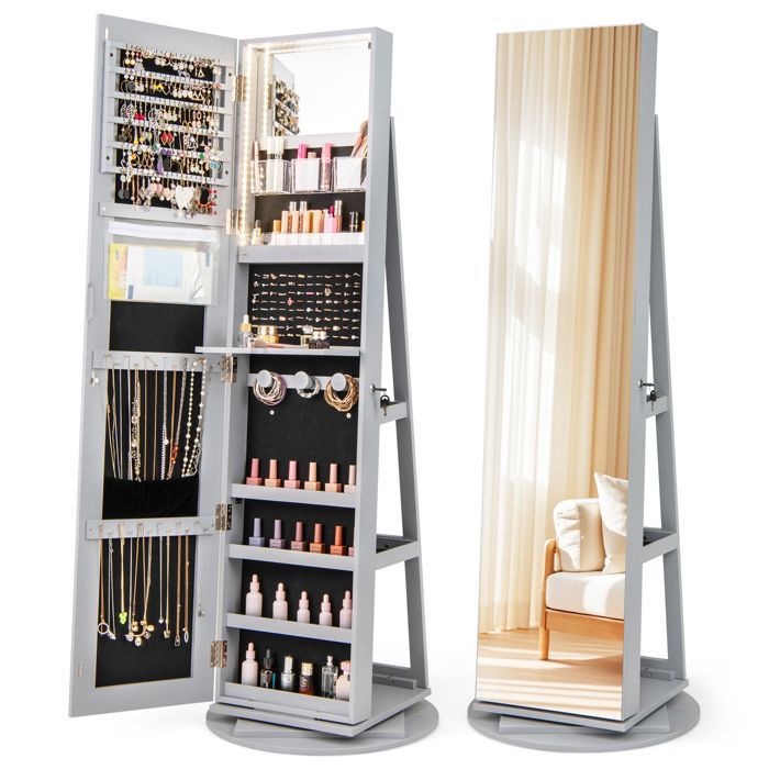 Armoire à Bijoux avec Miroir - RELAX4LIFE - 4 en 1 - Éclairage LED 3 Couleurs - Pivotante à 360°- 3 Étagères de Rangement - Gris