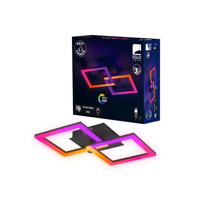 Plafonnier LED RGBIC - Eglo - Effets lumineux - Télécommande - Métal noir Plafonnier LED RGBIC - Eglo - Effets lumineux - Télécommande - Métal noir