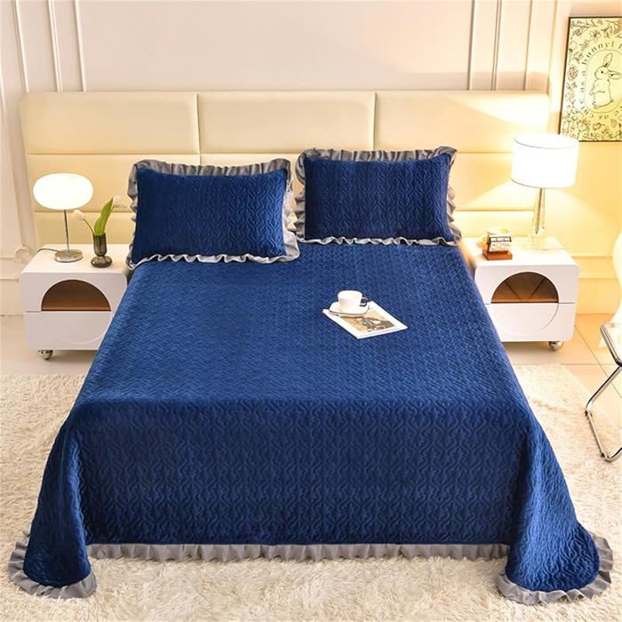 Couvre Lit Couleur Unie Velours King Size Dessus Lit Réversible Patchwork Douceur Couvre Lit 250x230cm#Bleu Marine JETEE DE LIT