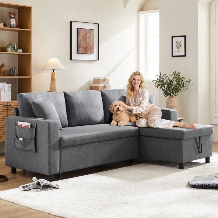 Canapé dangle convertible réversible 4 places Tissu en Lin L219 canape convertible avec coffre de rangement canapé en L gris