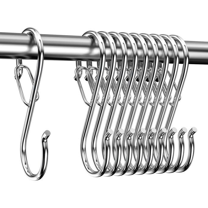 Lot de 10 Crochets en S en Acier Inoxydable avec Boucle Sécurité - Pour Suspension Tasses Casseroles (Argent)