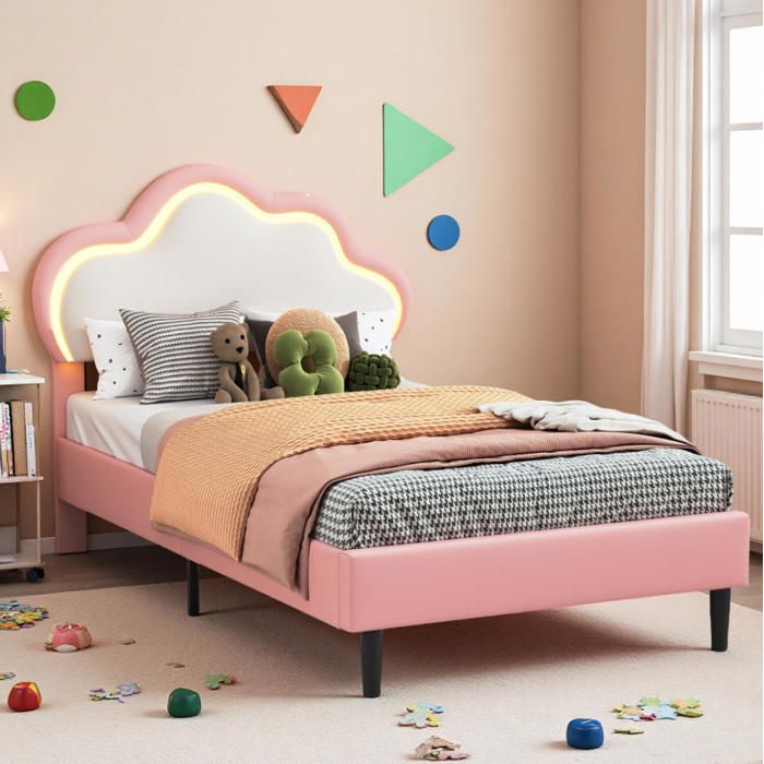 Lit enfant - 90x200 - Tête de lit nuage LED - Sommier à lattes - Rose