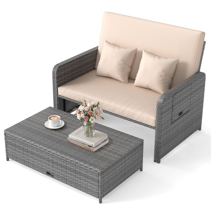 Canapé de Jardin en Rotin PE COSTWAY 2 Places avec Ottoman de Rangement Tables Pliantes Dossier Réglable Coussin Amovible Beige