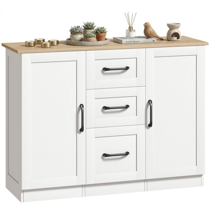 Buffet salon - HOMCOM - 2 portes à fermeture douce et 3 tiroirs - panneau de particules - 110x35x804cm - blanc et bois naturel